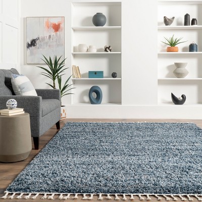Brooke Blue and Ivory Shag Tasseled Runner Rug