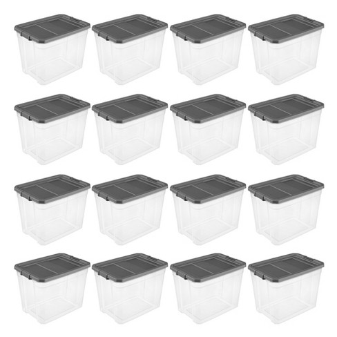 Sterilite 40 Quart Plastic Stacker Box, Lidded Storage Bin Container for  Home and Garage Organizing, Shoes, Tools, Clear Base & Gray Lid, 6-Pack