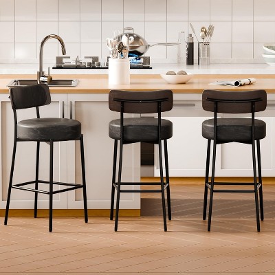DYHOME 24 inches Bar Stools Set of 3, Counter Height Bar Stools with Leather Pad Wood Back, Leather Upholstered Bar stools for Kitchen Island, Cafe