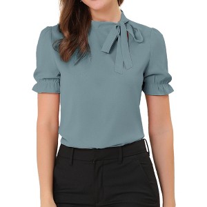 INSPIRE CHIC Women's Bow Tie Neck Solid Color Elastic Cuffs Elegant Office Short Sleeve Blouse - 1 of 4