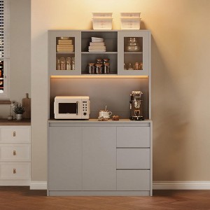 GustoWave Modern Simple Kitchen Pantry Cabinet with 8 Cabinets, Tall Storage Hutch with Adjustable Shelves, Microwave Stand for Dining Room - 1 of 4