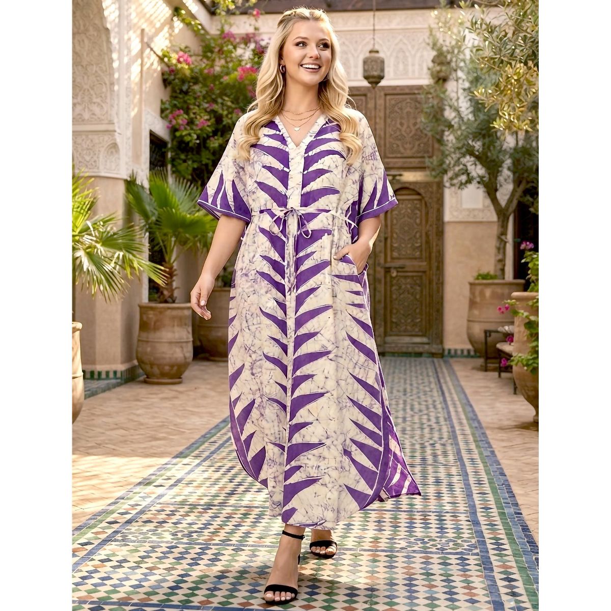 LA LEELA Summer Cotton Comfortable Caftan Dress for Women Resortwear Vacation Cruise Holiday Lounge Wear 2X-3X Purple Leaf - thumbnail 3