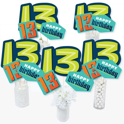 Big Dot of Happiness Boy 13th Birthday - Official Teenager Birthday Party Centerpiece Sticks - Table Toppers - Set of 15