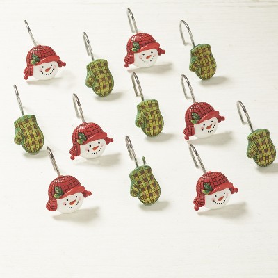 Lakeside Snowman and Mitten Christmas Bathroom Decorations - Shower Curtain Hooks - Set of 12