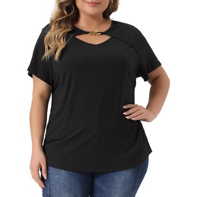 Agnes Orinda Women's Plus Size Basic Short Sleeve Metal Chain Crop Cutout  Front T-Shirts Black 4X