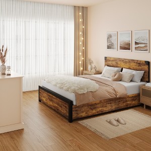 Wood Bed Frame,4 Under Bed Drawers with Smooth Wheels, Bed Frame with Wooden Headboard & Footboard,Noise-Free,No Box Spring Needed,Vintage - 1 of 4