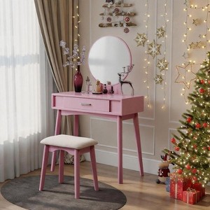 ORRD Modern Vanity Table with Stool & Mirror Set, Gold Finish Contemporary Makeup Desk - Solid Wood & MDF, Complete Dressing Table - 1 of 4