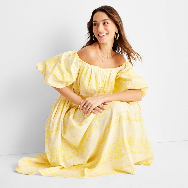 Women's Floral Print Off the Shoulder Puff Sleeve Midi Dress - Future Collective™ with Jenny K. Lopez Yellow, 3 of 8