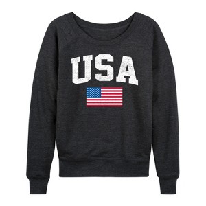 Women's - Instant Message - USA Flag Lightweight French Terry Wide Neck Long Sleeve Graphic Shirt - 1 of 4