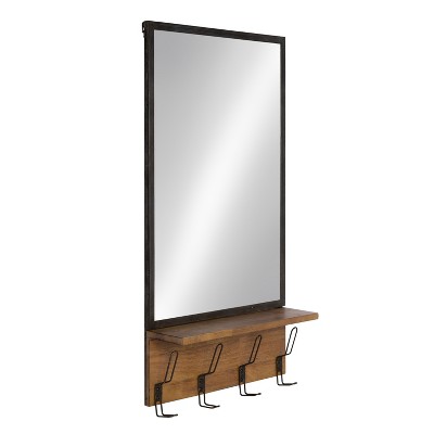 20" x 37" Coburn Metal Mirror with Wood Shelf and Hooks Brown - Kate and Laurel