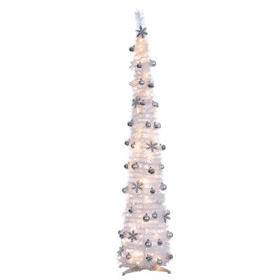 Sterling 6-Foot High Pop Up Pre-Lit Decorated Narrow White Tree with Warm White Lights