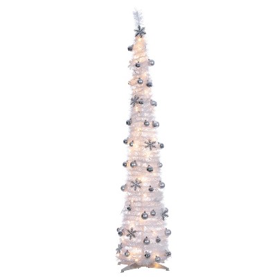 Sterling 6-Foot High Pop Up Pre-Lit Decorated Narrow White Tree with Warm White Lights