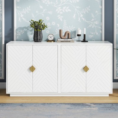 Modern Sideboard Buffet Cabinet, 60" Storage Cabinet with Wooden Triangular Handles, 4 Doors and Adjustable Shelves for Entryway Dining Room