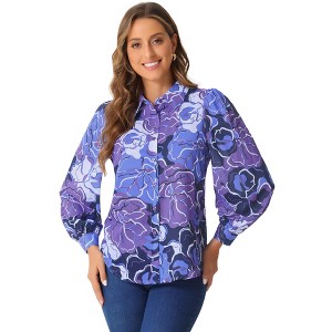 Allegra K Women's Floral Print Button Up Puff Long Sleeve Fashion Casual Blouse - 1 of 4