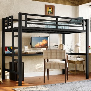 KTMBDW Loft Bed, Metal Bedframe with Ladder and Safety Guardrail, Build-in Power Outlet and LED, No Box Spring Needed, Noise Free, Black - 1 of 4