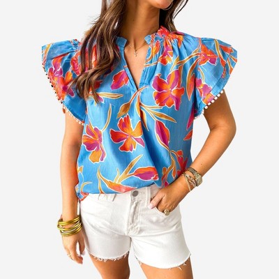 Amaryllis Women’s Blue Floral Print Split Neck Ruffle Sleeve Lightweight Relaxed Fit Casual Blouse
