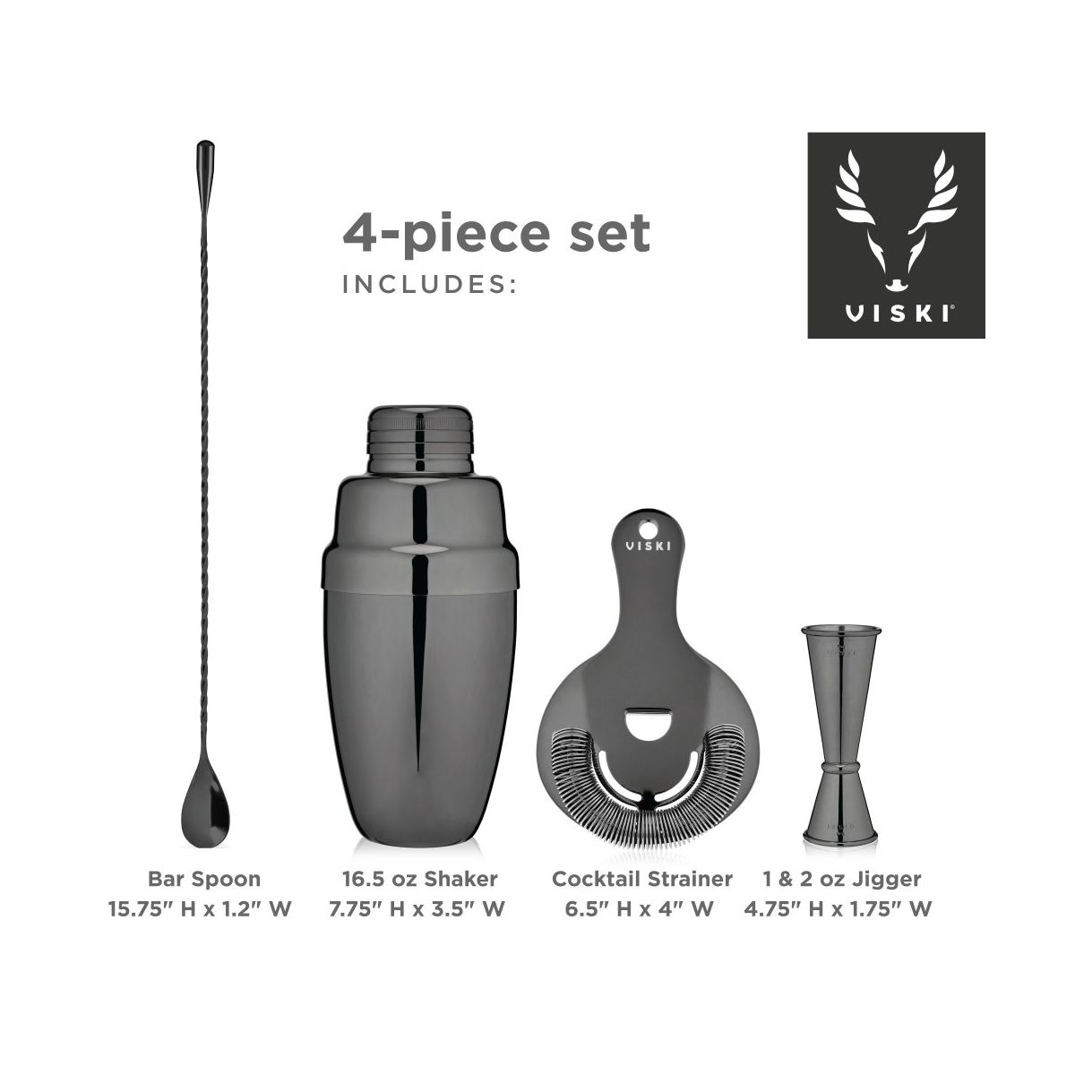 Viski Gunmetal 4-Piece Set Bartender Kit for Coffee & Espresso Cocktails, Cold Brew Drinks, Cocktail Shaker, Strainer, Jigger, Bar Spoon, Black - thumbnail 3