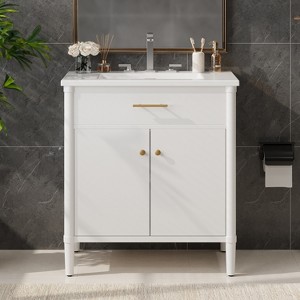 ORRD 30" White Bathroom Vanity with Sink, Curved Design Cabinet with Soft-Close Doors, Adjustable Shelf & Rubber Wood Legs - 1 of 4