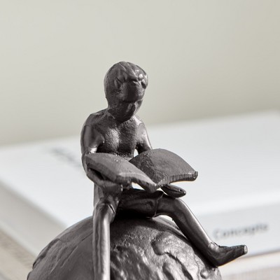 Bronze Cast Iron Boy Reading on Globe Tabletop Sculpture