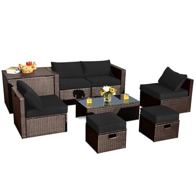 Tangkula 8PCS Patio Rattan PE Wicker Conversation Set All-Weather Furniture Set w/ Cushions