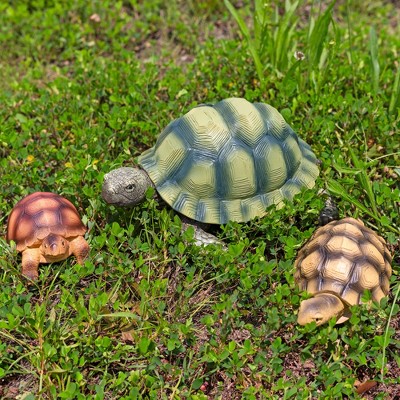 Lifelike Green and Beige Resin Turtle Garden Statues, 3-Piece Set