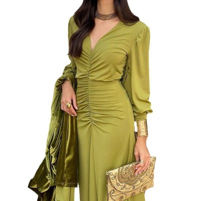 Coolmee Women's Cocktail Dresses Bishop Sleeve V Neck Bodycon Dress Ruched Waist Formal Maxi Dress