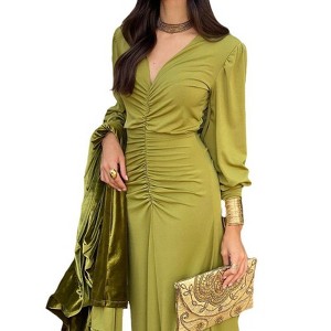 Coolmee Women's Cocktail Dresses Bishop Sleeve V Neck Bodycon Dress Ruched Waist Formal Maxi Dress - 1 of 4