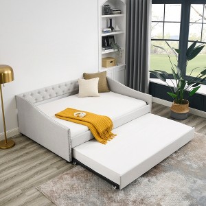 Upholstered Daybed with Trundle, Platform Bed Frame, Linen Storage Sofa Bed Frame for Living Room or Bedroom, Wood Slat Support - 1 of 4