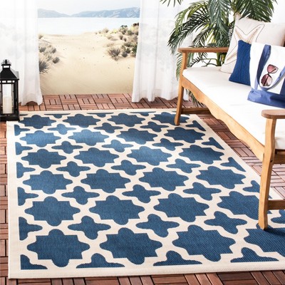 Navy and Beige Square Synthetic Outdoor Area Rug