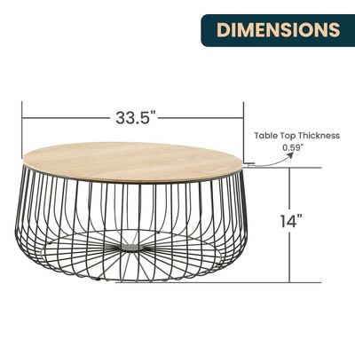 Natural Wood Round Coffee Table with Black Metal Wire Base