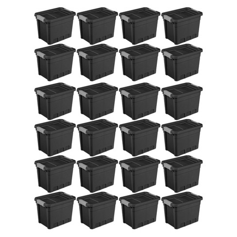 Sterilite 15 Gal Industrial Tote, Stackable Storage Bin With Latching Lid, Plastic  Container With Heavy Duty Latches, Black Base And Lid, 18-pack : Target