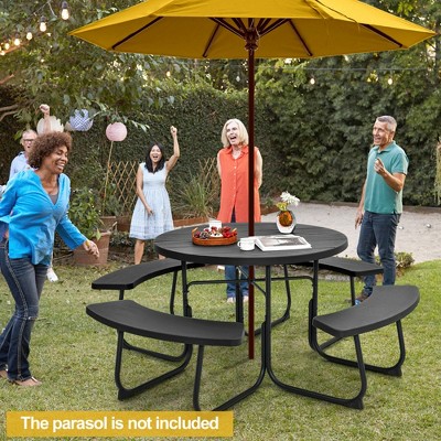 Black 8-Person Round Picnic Table with Benches and Umbrella Hole