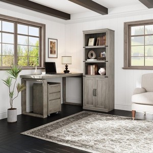 24.4" W Farmhouse Book Shelf with Door, 5 Tier Wooden Book Case with Storage - 1 of 4