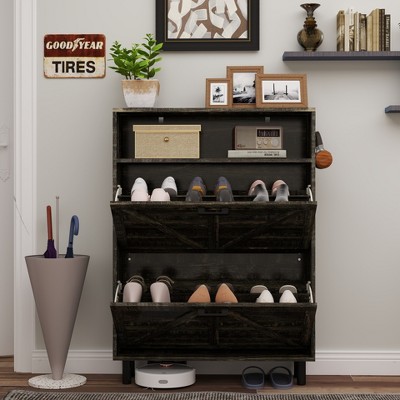 Vynxaria Farmhouse Shoe Storage Cabinet: Barn Door Design, 2 Flip Drawers, Freestanding Narrow Rack with Hooks for Entryway, Foyer, Hallway (Dark Oak)