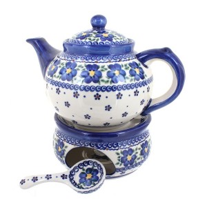 Blue Rose Polish Pottery 1886 Vena Teapot with Warmer & Candle Holder - 1 of 1