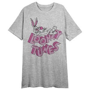 Looney Tunes Bugs Bunny and Series Title Logo Women's Gray Short Sleeve Crew Neck Sleep Shirt - 1 of 2