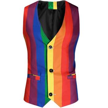 Lars Amadeus Men's Slim Fit V Neck Sleeveless Color Block Rainbow Stripes Suit Vest