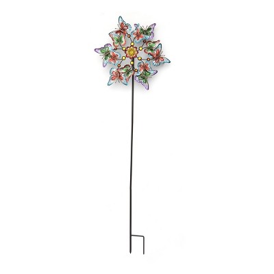 Colorful Butterfly Themed Metallic Garden Wind Spinner Stake