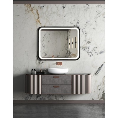 LED Bathroom Mirror With Metal Frame, 3 Colors Dimmable Anti-Fog Bathroom Mirror Waterproof Wall Mounted Makeup Mirror With Wall Switch Control