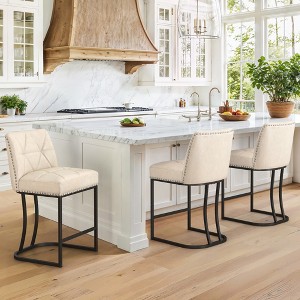 Arceso Bar Stools Set of 3, 24" Modern Counter Height Stools with 5.5" Thick Cushion and Nailhead, Upholstered Leather Barstools , Apricot Grey - 1 of 4