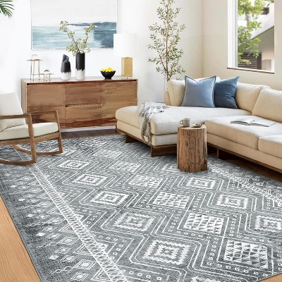 9x12 Dark Gray Geometric Rug - Large washable distressed low-pile carpet with stain protection