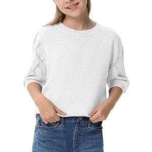 Girls Pullover Knit Sweaters Puff Short Sleeve Kids Crewneck Cute Summer Blouse Sweater Tops - 1 of 4