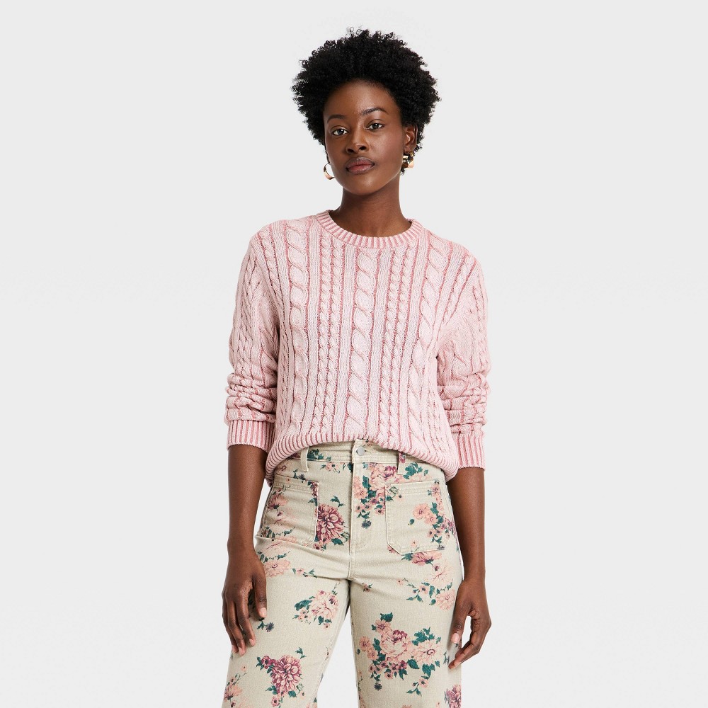 Women's Western Cable Crewneck Pullover Sweater - Universal Thread™ Pink S