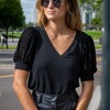 Amaryllis Women's Short-Sleeve V-Neck Top Puff Sleeves Houndstooth Detail Elegant - 2 of 4