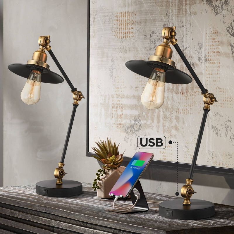 360 Lighting Taurus 20" High Small Farmhouse Rustic Industrial Desk Lamps Set of 2 USB Ports Adjustable Black Gold Home Office Living Room Charging, 2 of 10