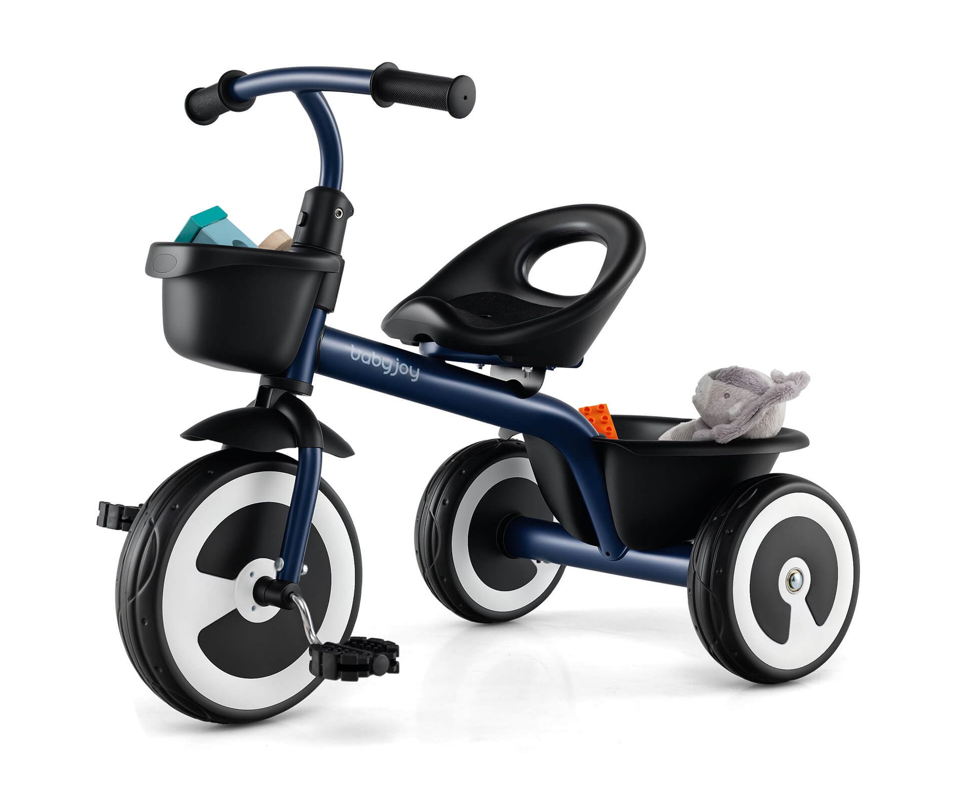 Babyjoy Toddler Tricycle Kids Trike with Adjustable Seat Front & Rear Storage Baskets Navy