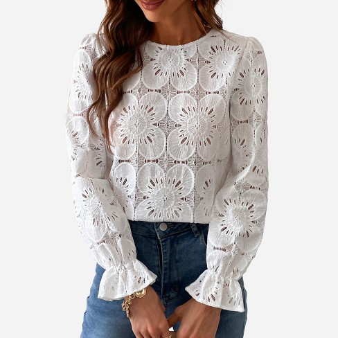Women's Long Sleeve Embroidered Floral Eyelet Blouse Shirt- Cupshe