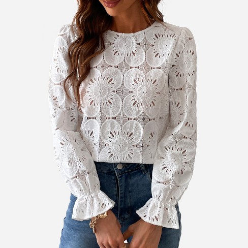 Women's Long Sleeve Embroidered Floral Eyelet Blouse Shirt- Cupshe 