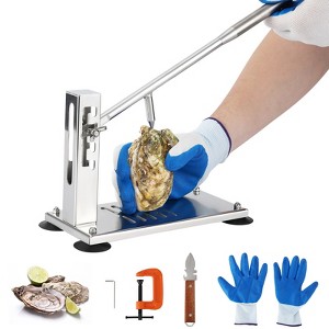 Oyster Clam Opener Machine Adjustable Oyster Shucker Machine 4-Level Tool Set, Stainless Steel Clam Opener with Suction Cups, G-Clamp, Knives & Glove - 1 of 4