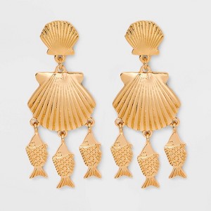 Clam Double Drop With Fish Droplets Earrings - A New Day™ Gold - 1 of 2